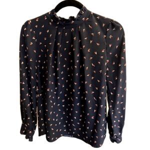 Roem Navy Print Blouse Ruffle Neck Long Sleeve Lightweight Top S/M